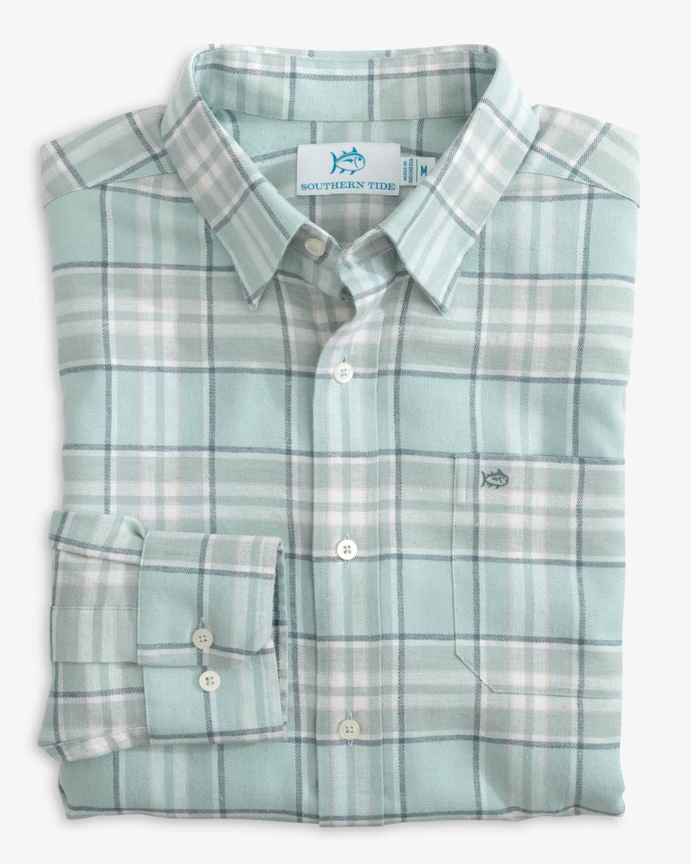 Southern Tide-Beach Flannel Heather Reddick Plaid Sport Shirt-Summer Aqua