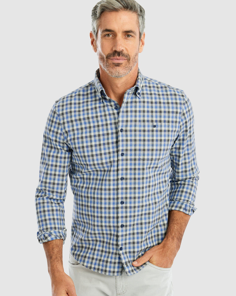 Johnnie-O-Men's Coen Hangin' Out Buttondown-Malibu Blue/Brown Plaid